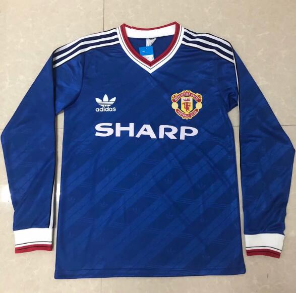 1986 Manchester United Retro Blue Long Sleeve Away Kit Soccer Jersey